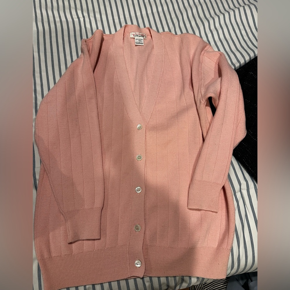 100% Wool Ribbed Talbots Pink Cardigan Sweater Excellent Condition Unworn